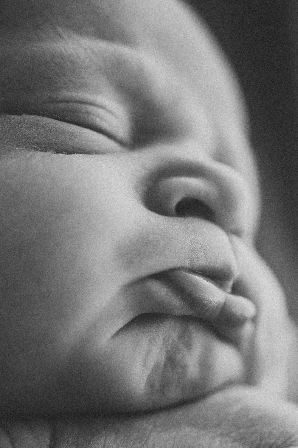 Close-up van newborn gezicht tijdens studio newbornshoot.